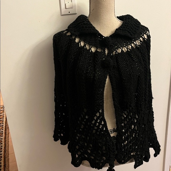 Handmade Sweaters - Hand Knit Crochet Poncho Cape Black WhimsyGoth
